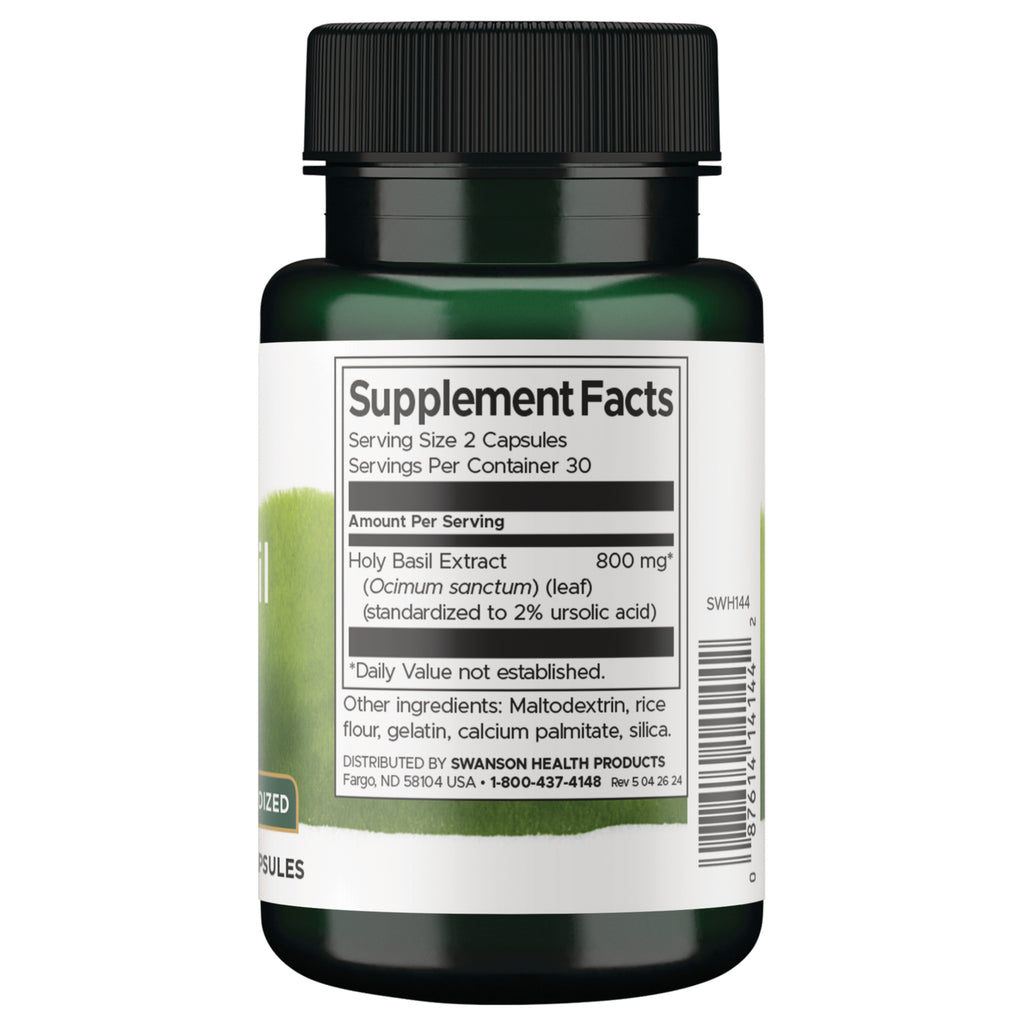 SWH144 | Supplement Facts panel showing Holy Basil Extract 800 mg, serving size 2 capsules, 30 servings - Thumbnail