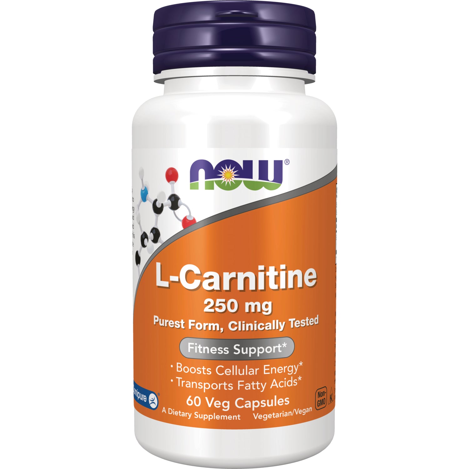 NWF684 | NOW L-Carnitine 250 mg bottle with orange label, 60 veg capsules