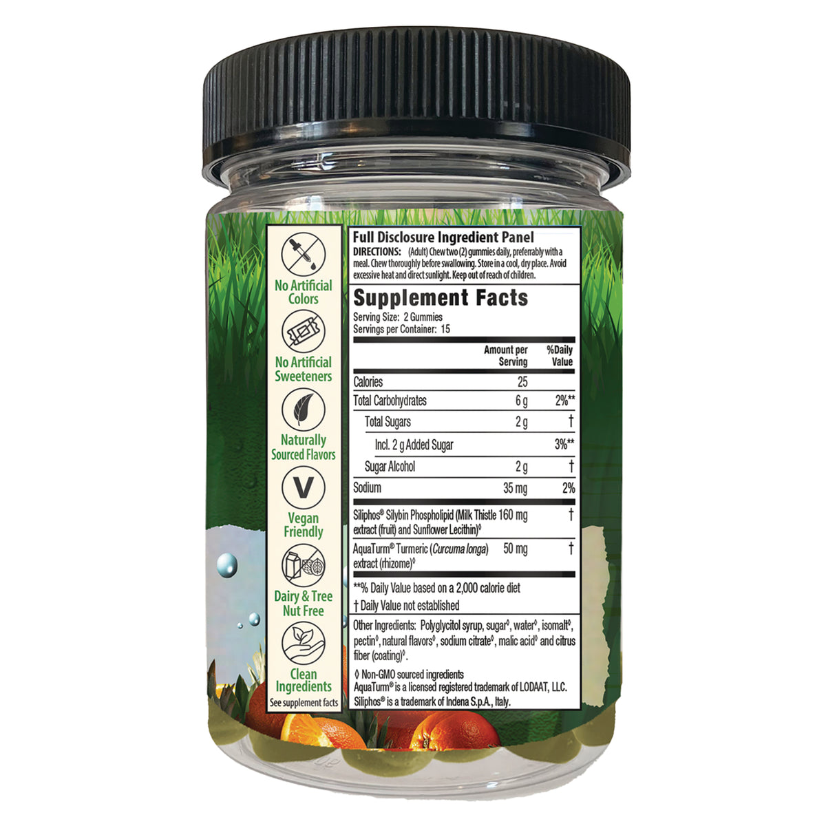 IR308 | Back of supplement jar showing Supplement Facts panel, ingredient list, and icons for vegan and allergen info