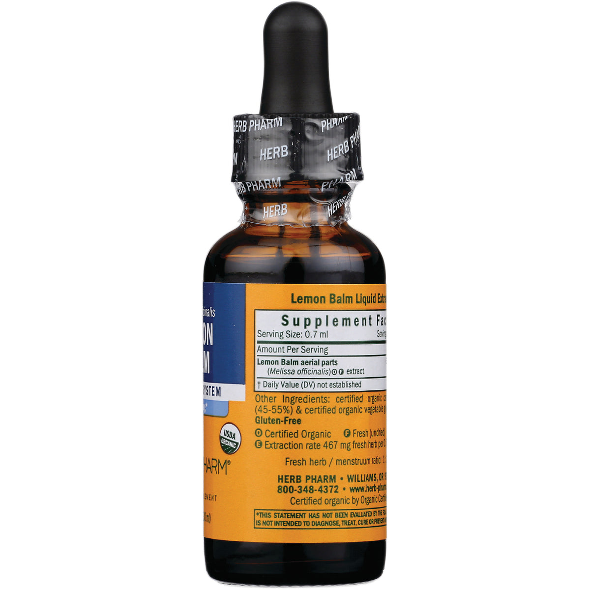 HPH058 | back of amber dropper bottle showing Supplement Facts and ingredient text for Lemon Balm Liquid Extract
