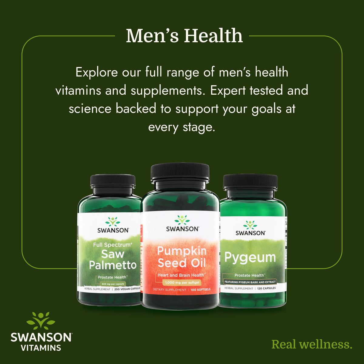 SW364 | Swanson Vitamins men’s health infographic with three supplements and promotional text