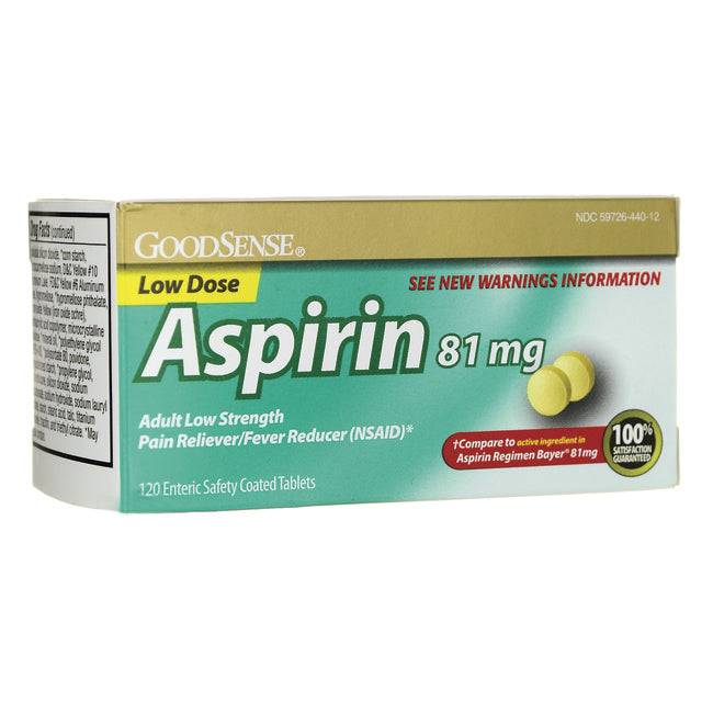 GDS014 | GoodSense Low Dose Aspirin 81 mg box, 120 enteric safety coated tablets front packaging