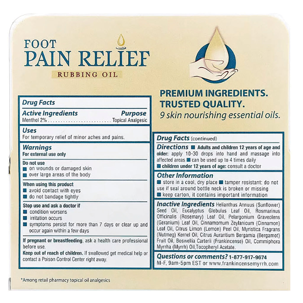 FMY001 | back label of Foot Pain Relief rubbing oil showing drug facts, directions, warnings, and inactive ingredients - Thumbnail