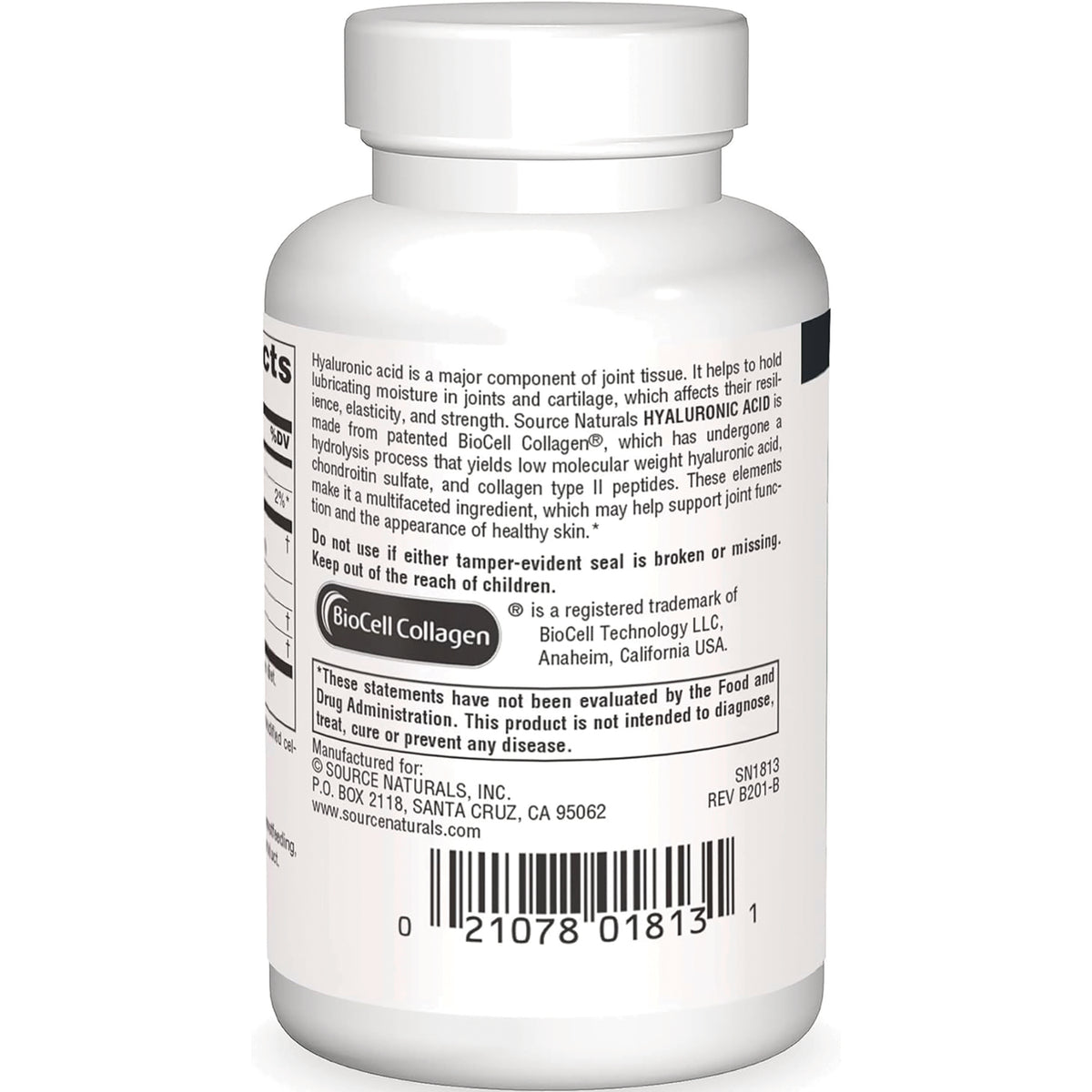 SN740 | Back label with BioCell Collagen info, warnings, and barcode