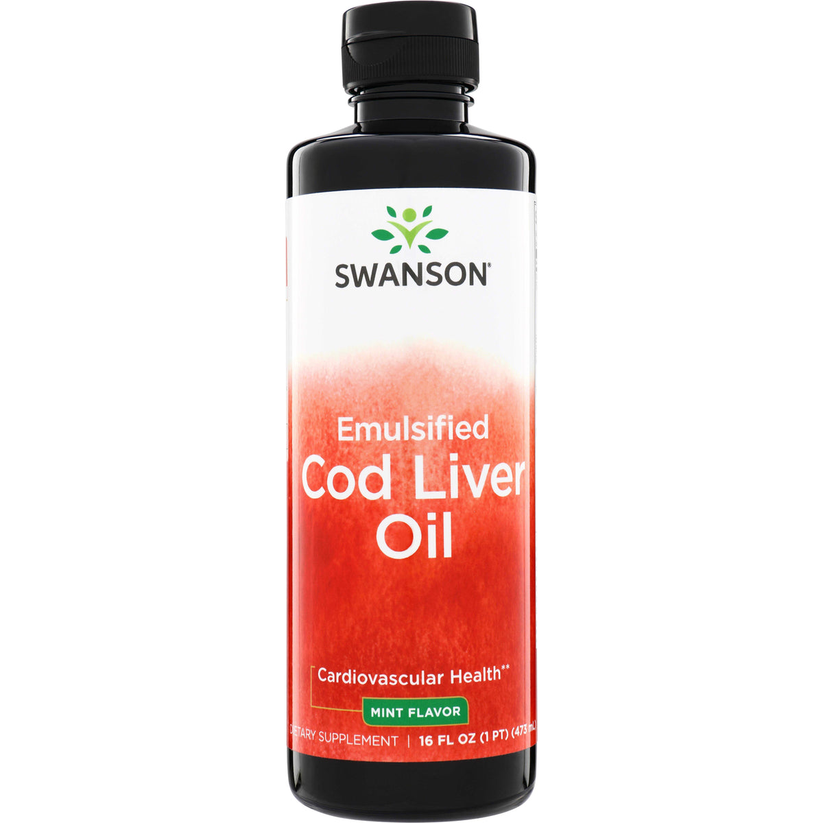 SW953 | SWANSON Emulsified Cod Liver Oil bottle, mint flavor, 16 fl oz front view
