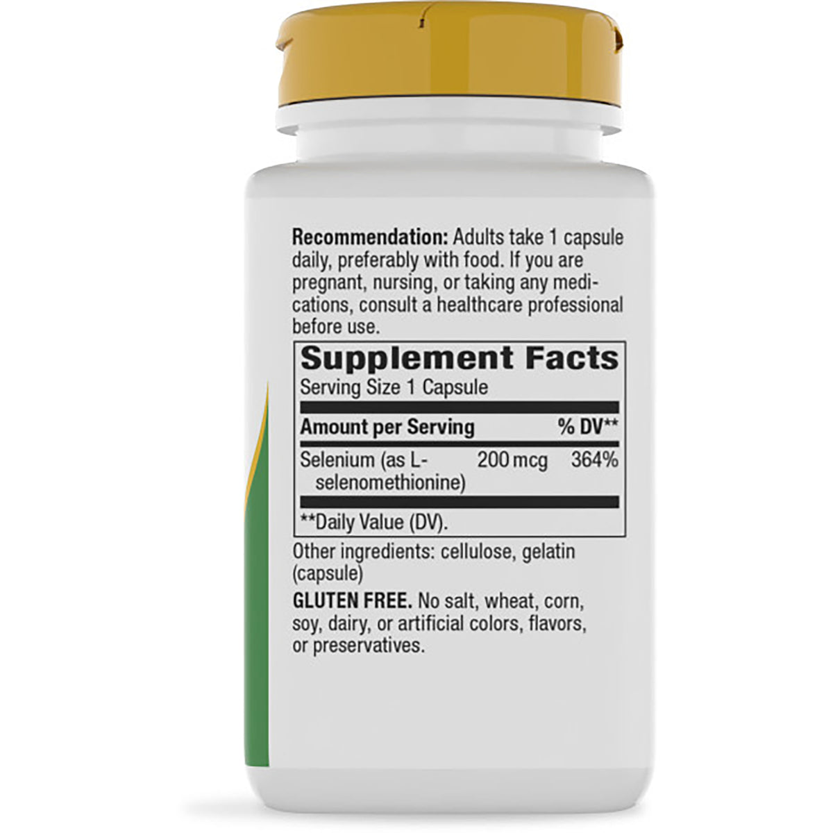 NW363 | back label of brown supplement bottle showing Supplement Facts, serving size 1 capsule and selenium 200 mcg