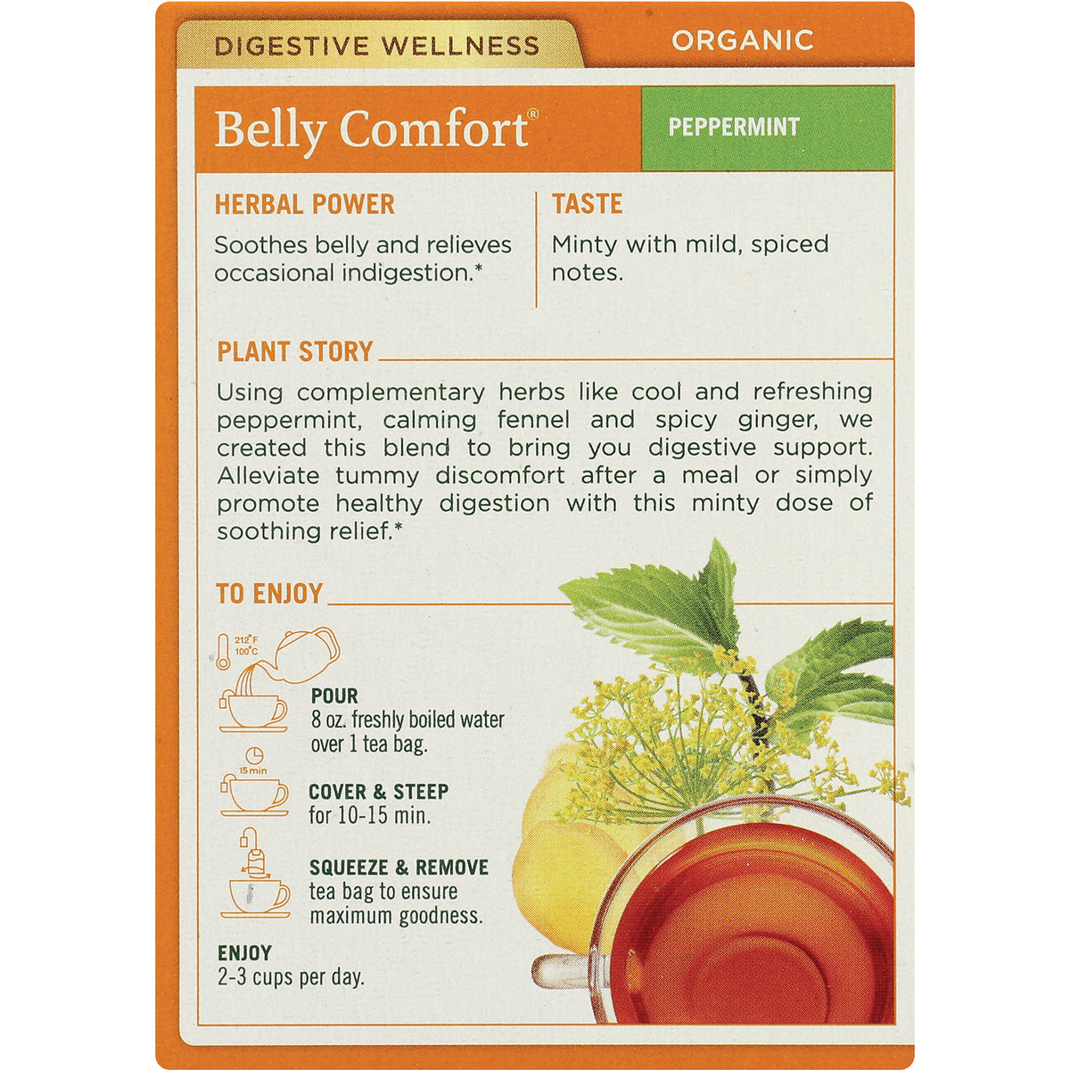 TMD032 | Belly Comfort Peppermint tea box panel with Herbal Power, Taste, Plant Story, and brewing directions