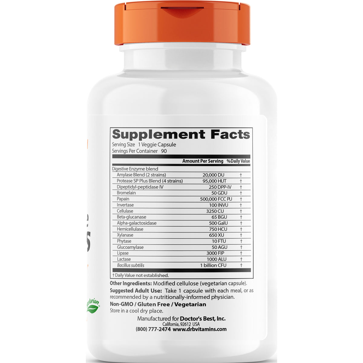 DB080 | back of white supplement bottle showing Supplement Facts panel and serving size 1 Veggie Capsule