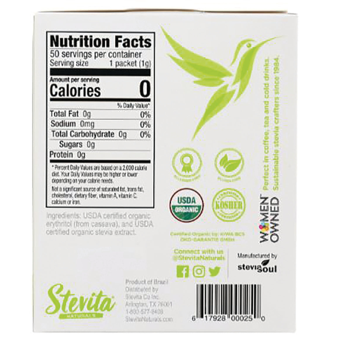 STV004 | Back label with Nutrition Facts and USDA Organic seals for Stevita sweetener packets