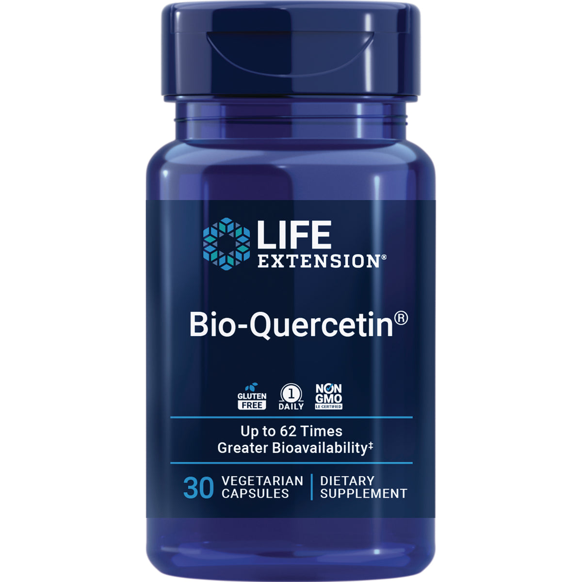 LE494 | Life Extension Bio-Quercetin supplement bottle front label, 30 vegetarian capsules, Up to 62 Times Greater Bioavailability