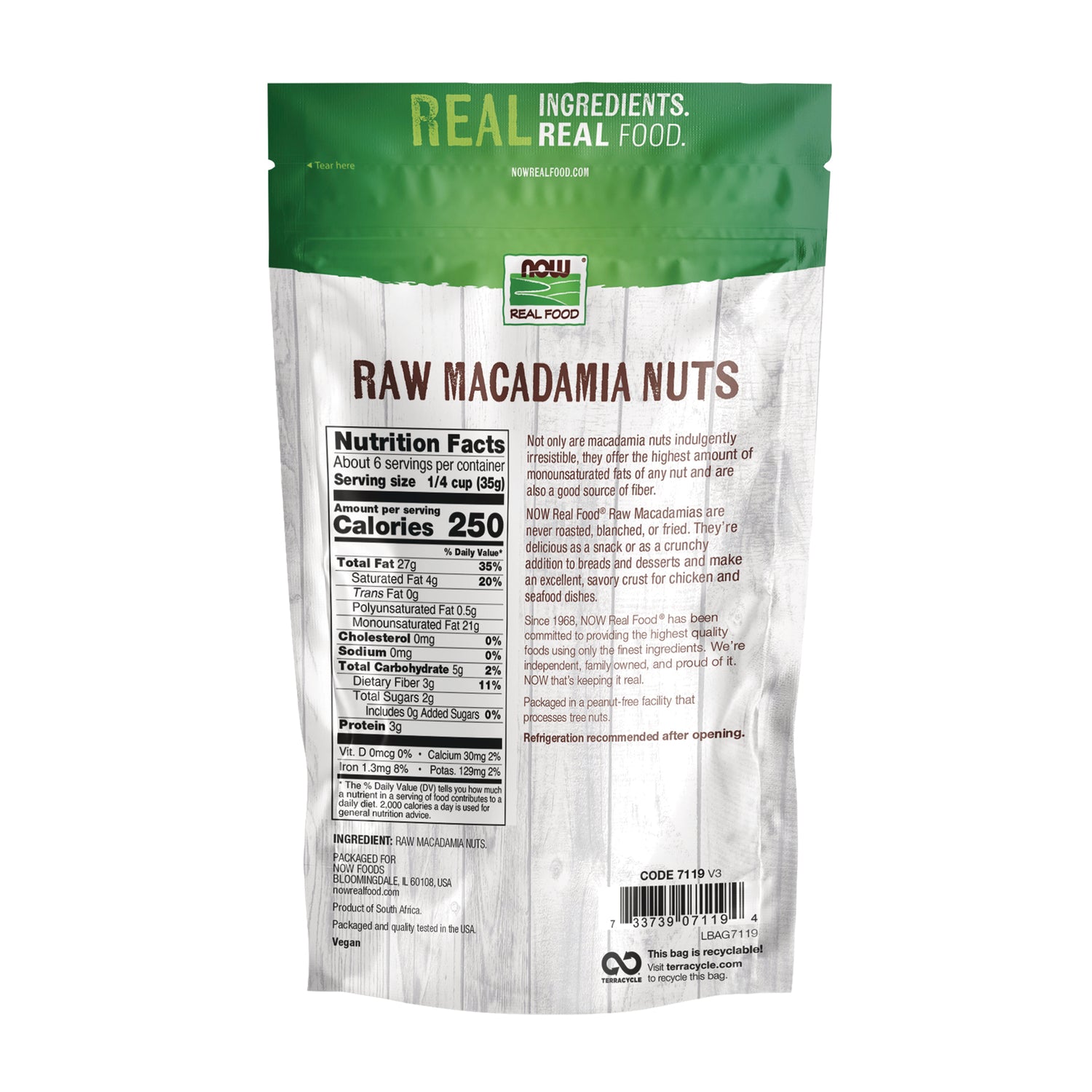 NWF1422 | Back of NOW Real Food Raw Macadamia Nuts pouch showing nutrition facts, ingredients, and barcode