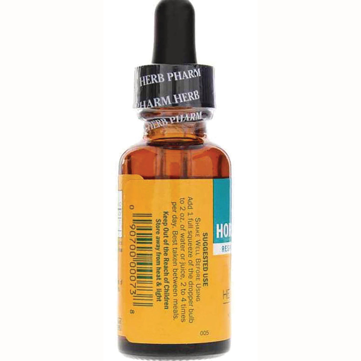HPH057 | Back of amber dropper bottle with yellow label showing barcode, suggested use text, and black Herb Pharm dropper cap