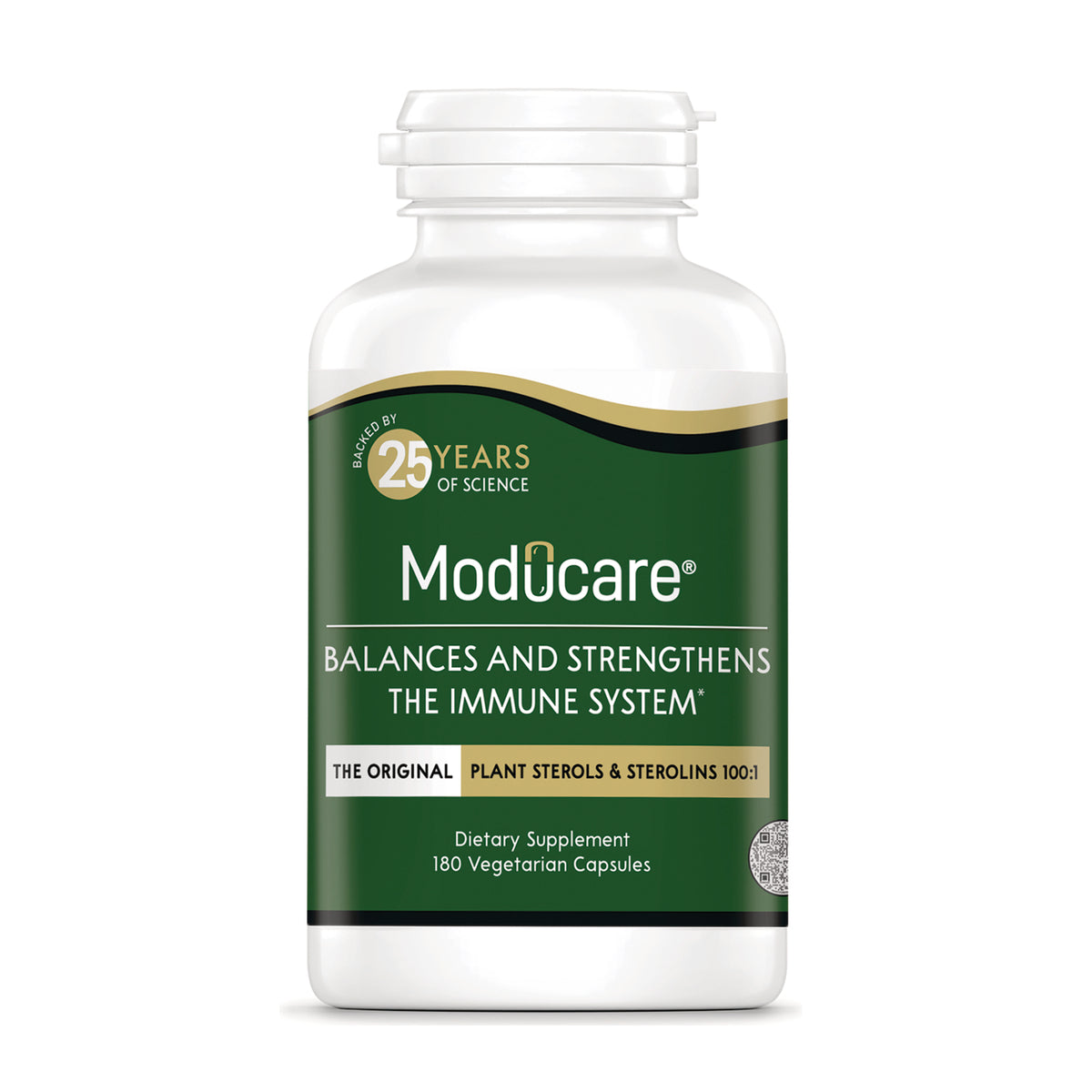KY079 | Moducare supplement bottle front with green label reading balances and strengthens the immune system, 180 vegetarian capsules