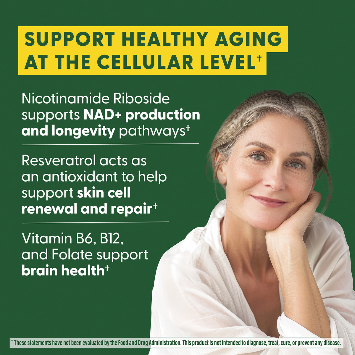 MGF150 | Infographic: nicotinamide riboside for NAD+ and longevity; resveratrol for skin repair; B6 B12 folate for brain health, smiling woman