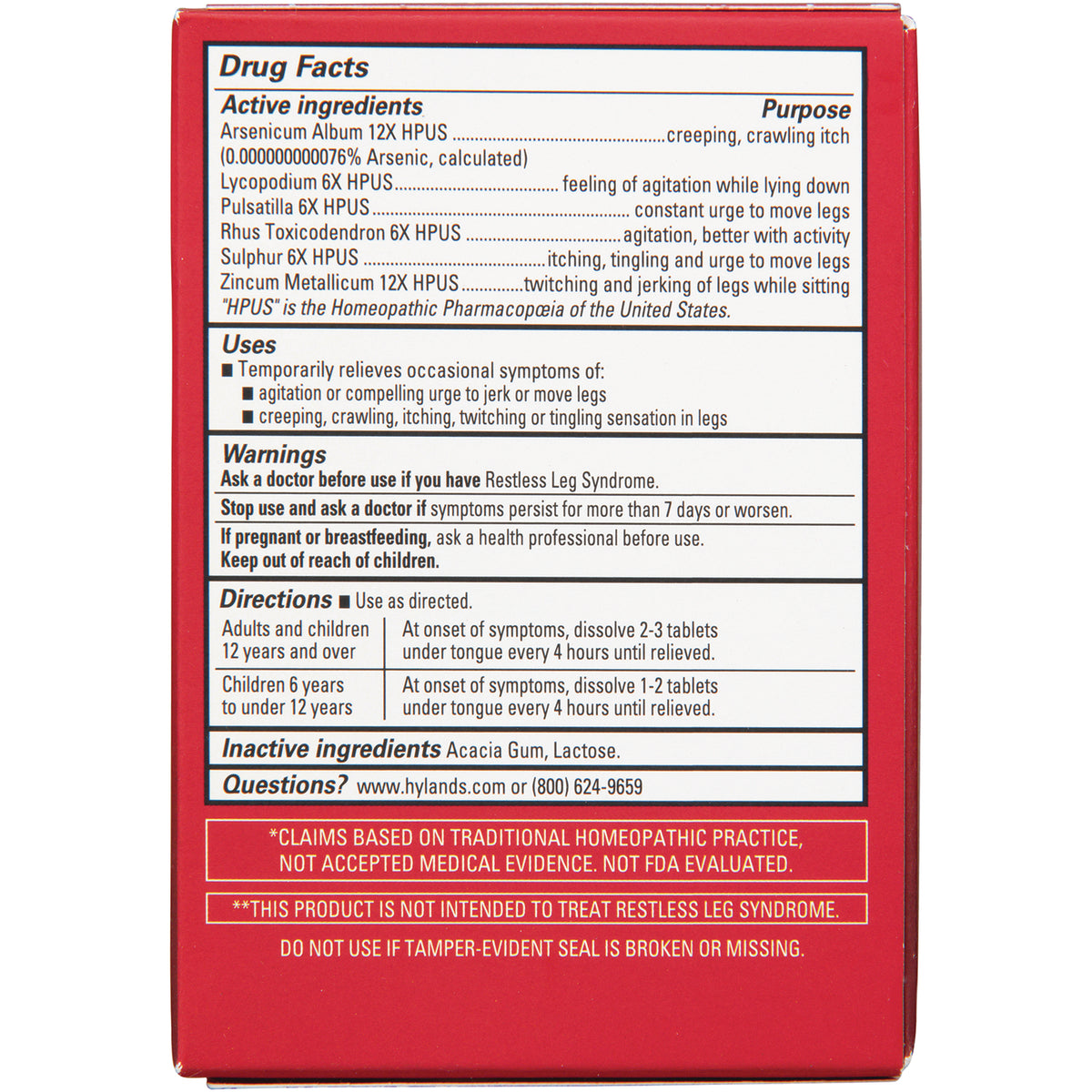 HY173 | back of red product box showing drug facts, active and inactive ingredients, warnings and directions