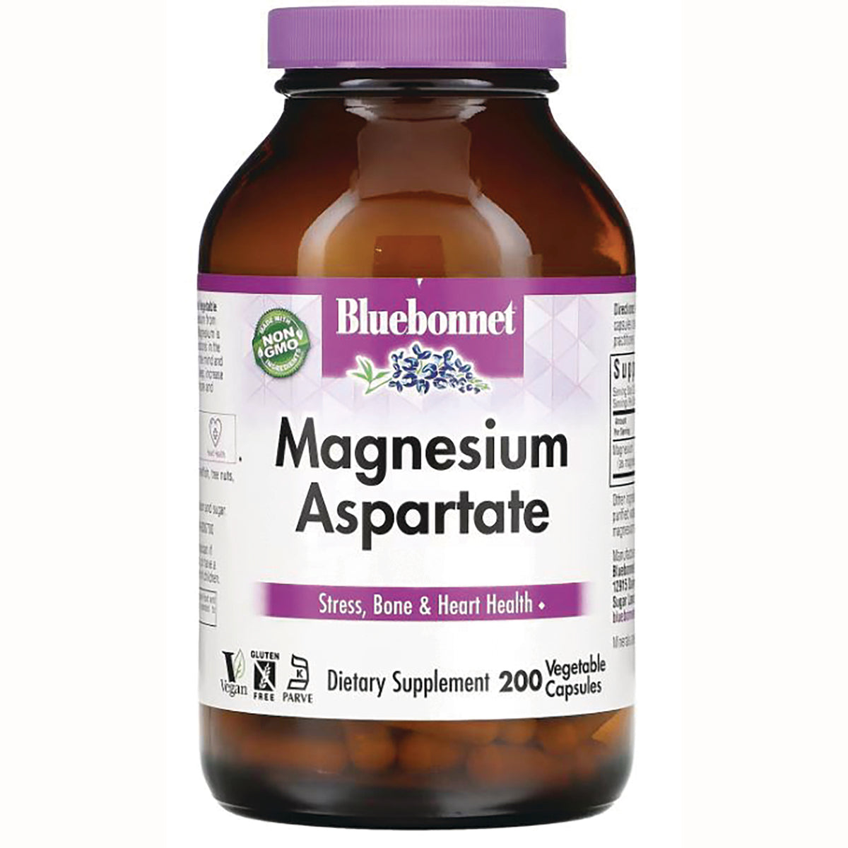 BLU097 | Bluebonnet Magnesium Aspartate bottle front, dietary supplement 200 vegetable capsules, Stress, Bone & Heart Health
