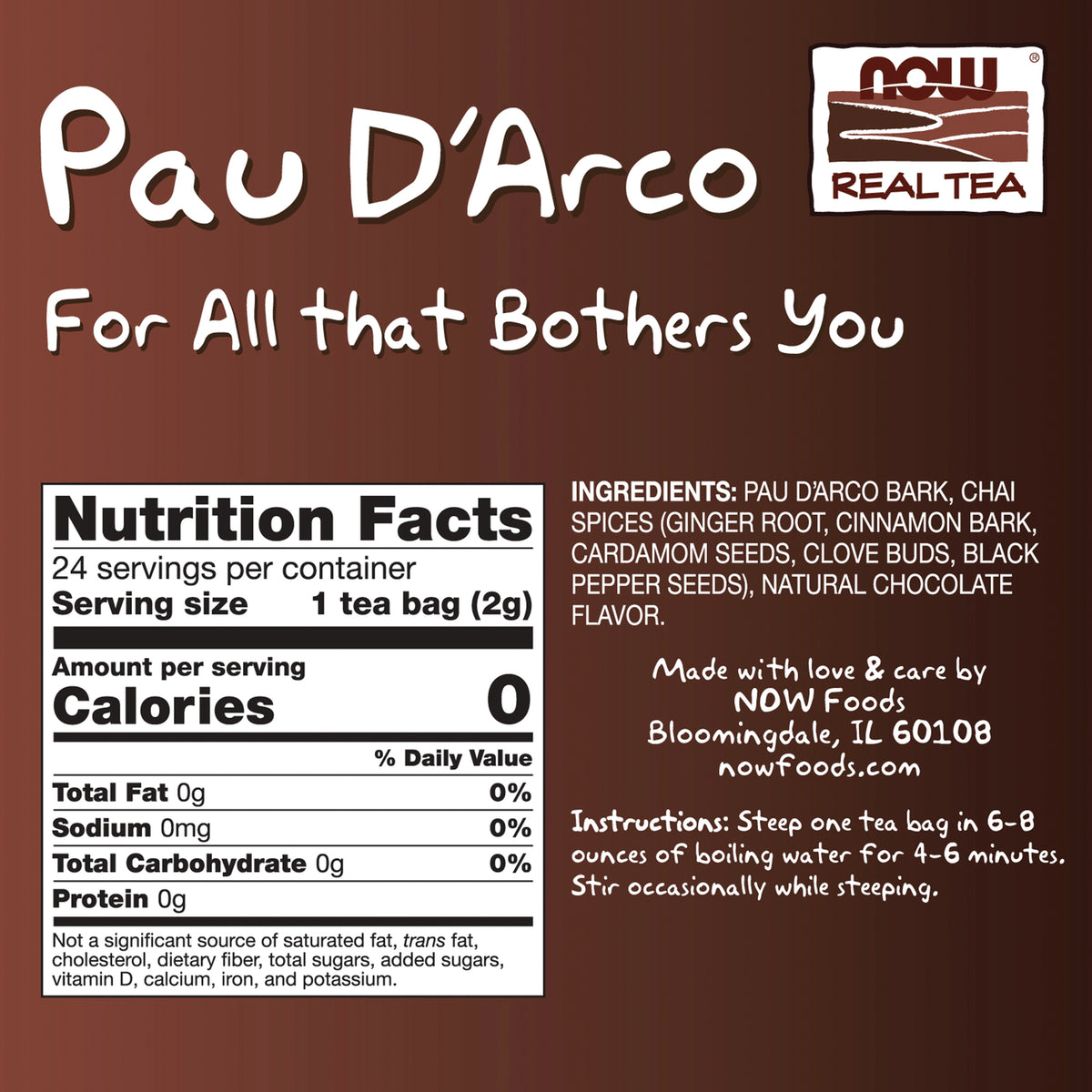 NWF1092 | Back label with Nutrition Facts, ingredients (Pau D'Arco bark, chai spices) and steeping instructions