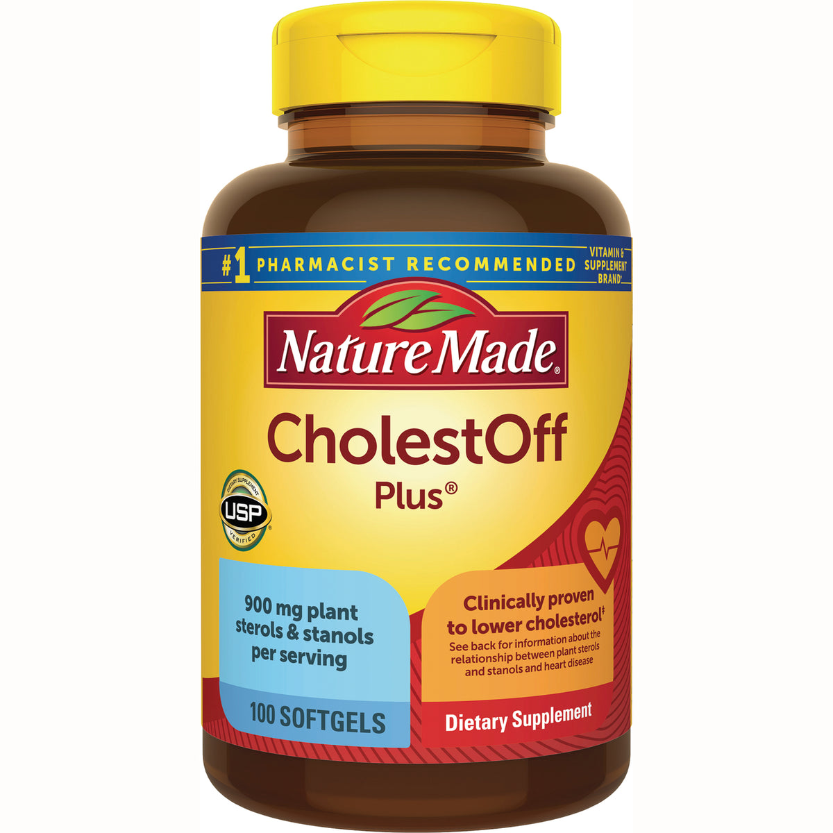 NTM162 | Nature Made CholestOff Plus dietary supplement bottle, 100 softgels, yellow label reads 900 mg plant sterols & stanols per serving