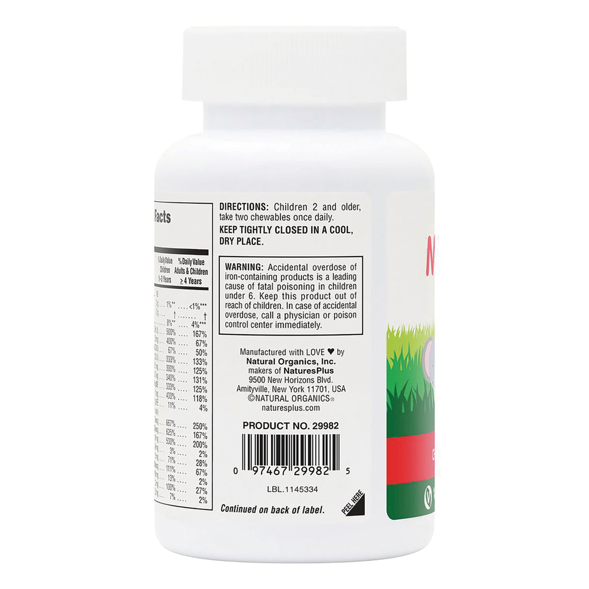 NTP004 | back label of white supplement bottle showing directions, warning box and barcode PRODUCT NO. 29982