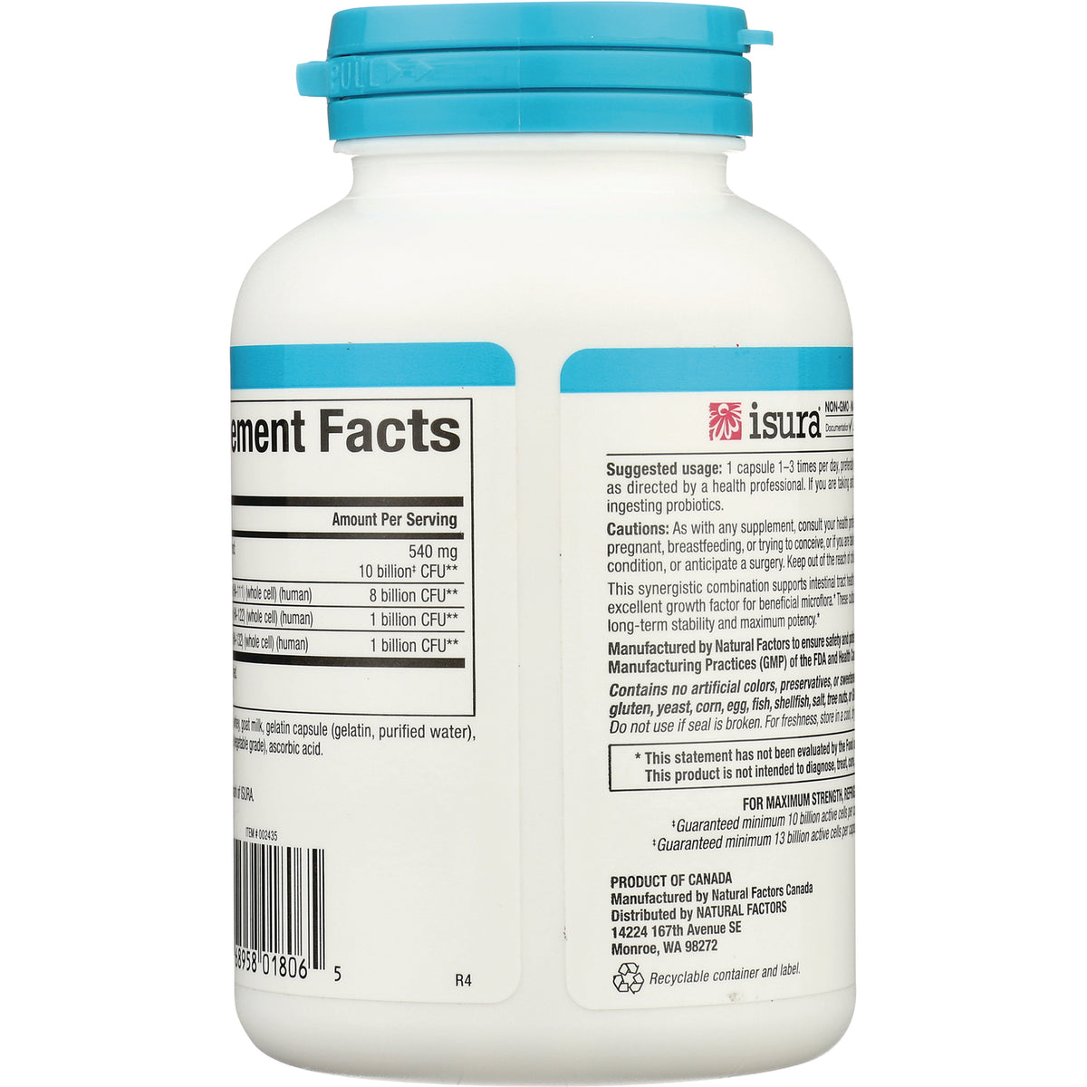 NFC015 | Back of white supplement bottle showing Supplement Facts panel, caution text, and blue cap