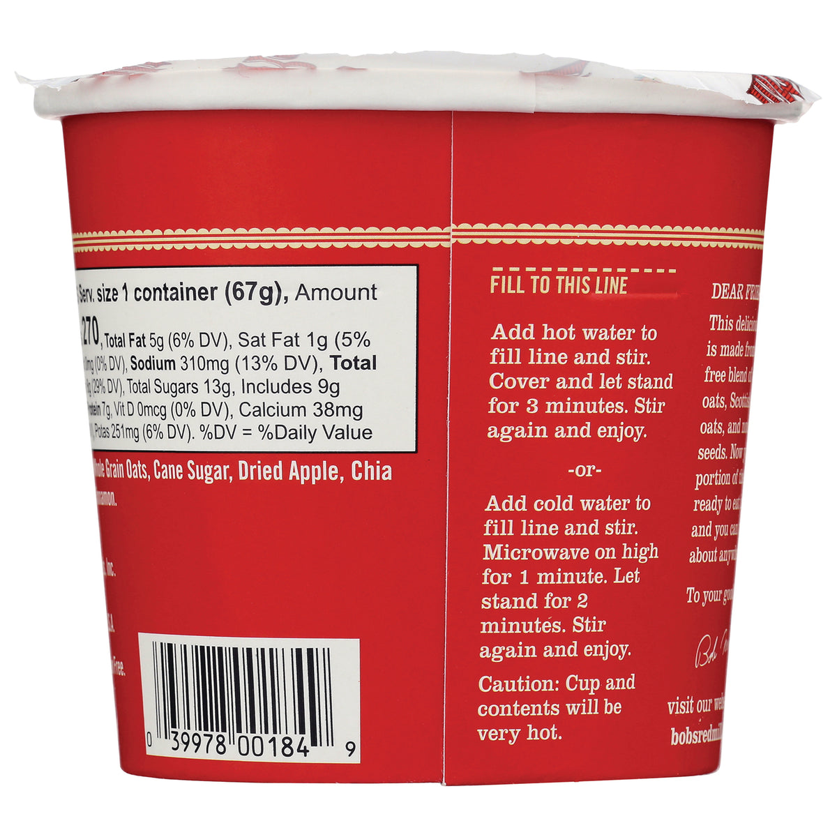 BOB229 | back of red instant oats cup showing fill line, cooking instructions, nutrition facts and barcode