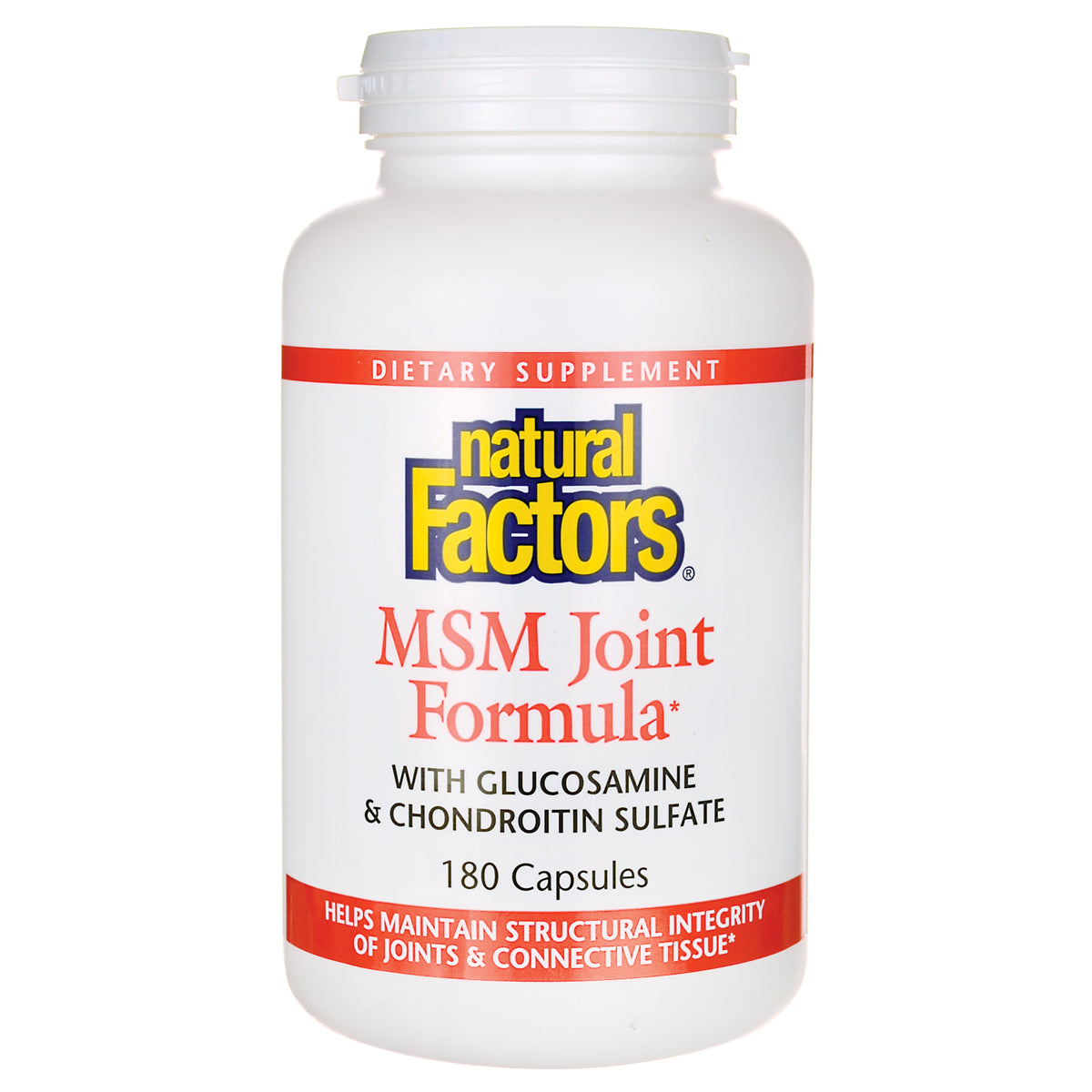 NFC028 | Natural Factors MSM Joint Formula white bottle front showing label with 180 capsules