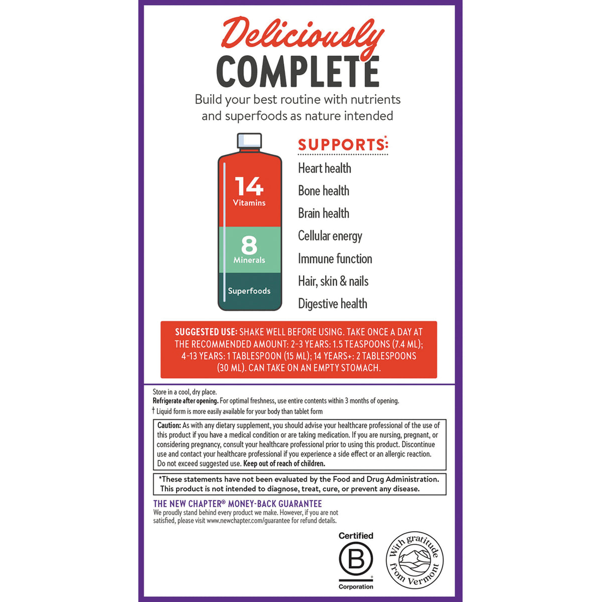 NWC393 | Back label showing 14 Vitamins and 8 Minerals, supports list (heart, bone, brain, immune) and suggested use directions
