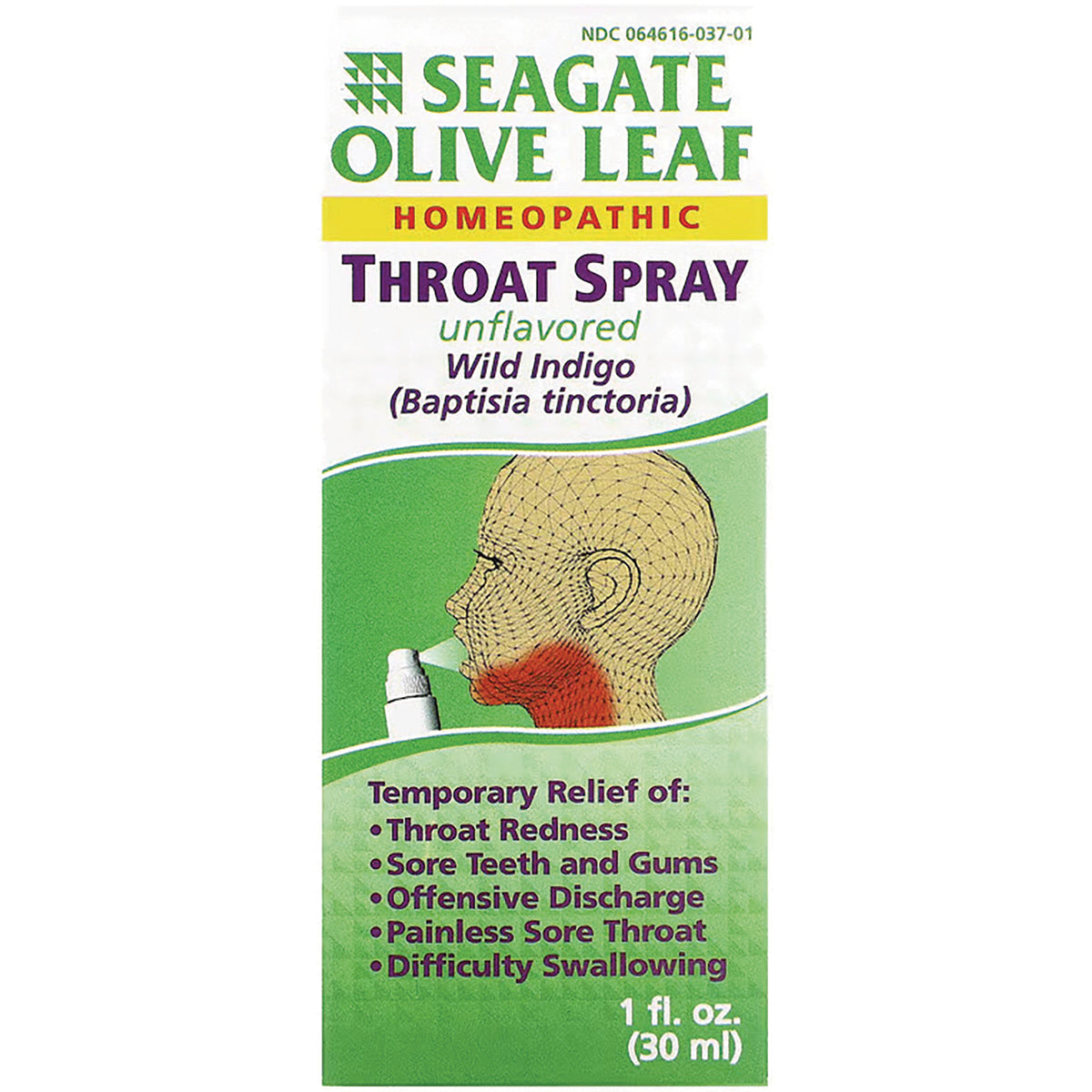 SEG006 | Seagate Olive Leaf homeopathic throat spray unflavored Wild Indigo front packaging with usage illustration and symptom relief list