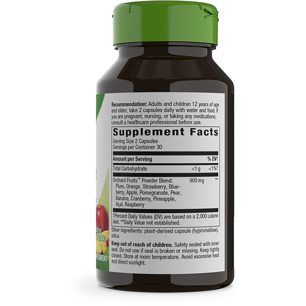 NW560 | Supplement facts label on bottle back showing serving size 2 capsules, 900 mg orchard fruit powder blend and warnings - Thumbnail