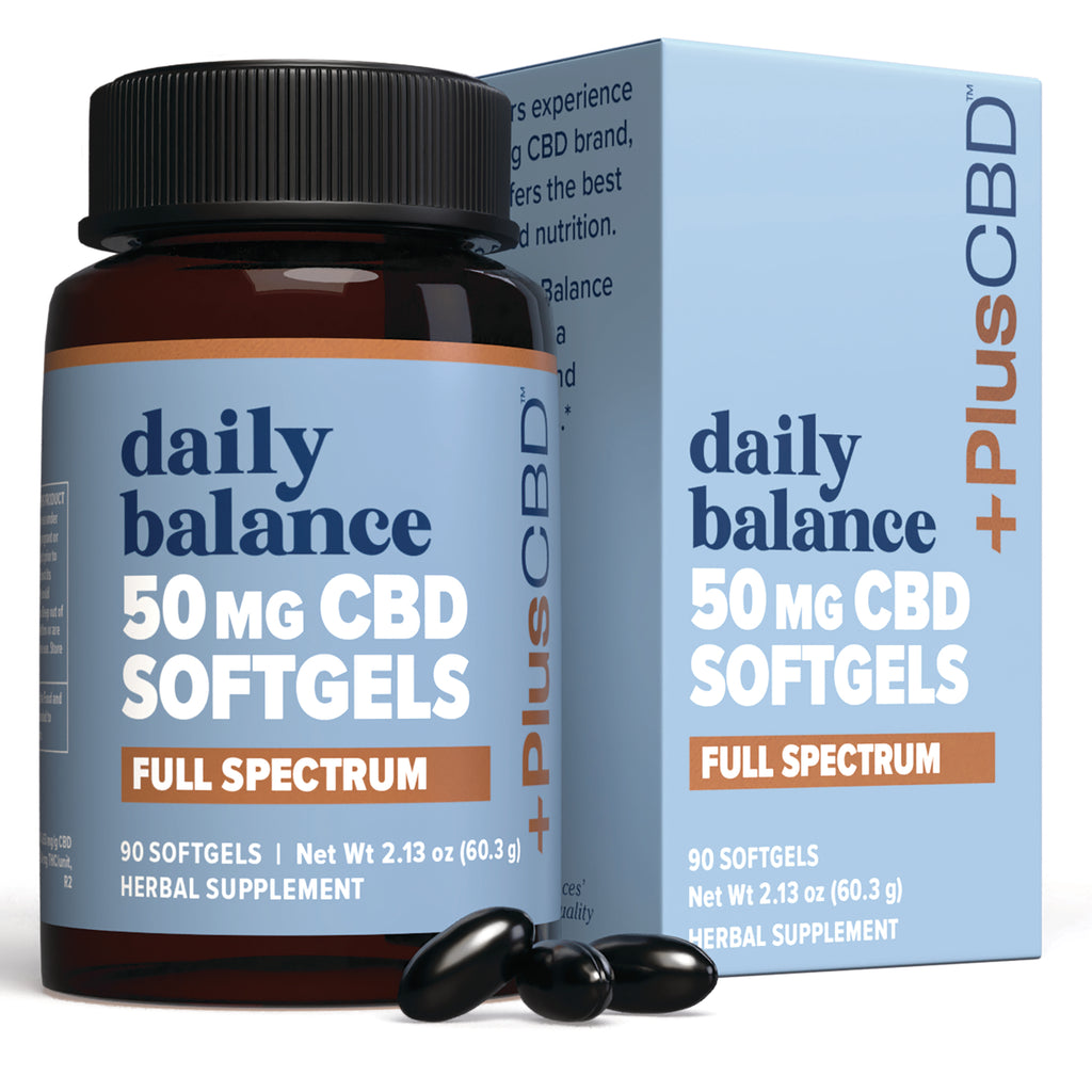 Daily Balance 50 mg CBD softgels full spectrum bottle and box with three black softgels in front - Thumbnail