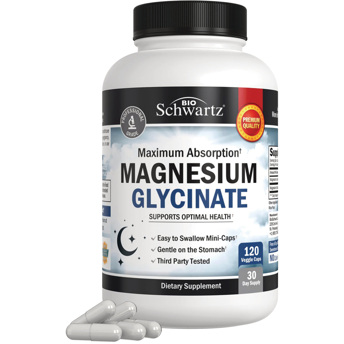 BSZ025 | White bottle labeled MAGNESIUM GLYCINATE dietary supplement, 120 veggie caps, three gray capsules in front