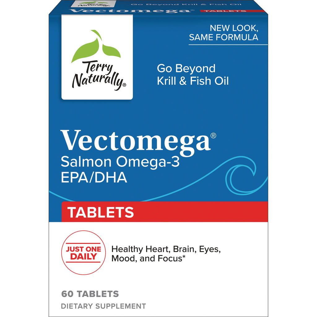 EUR003 | Vectomega Salmon Omega-3 EPA/DHA tablets front packaging, 60 tablets, Terry Naturally logo - Thumbnail
