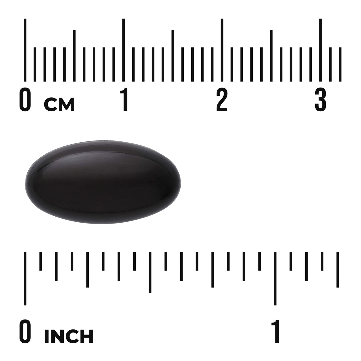 SWU846 | Dark oval softgel with centimeter and inch rulers for size reference