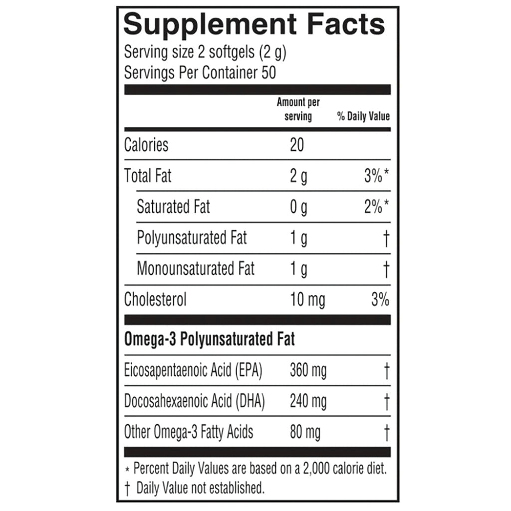 BAR015 | Supplement Facts panel showing serving size 2 softgels, 20 calories, total fat and omega-3 amounts - Thumbnail