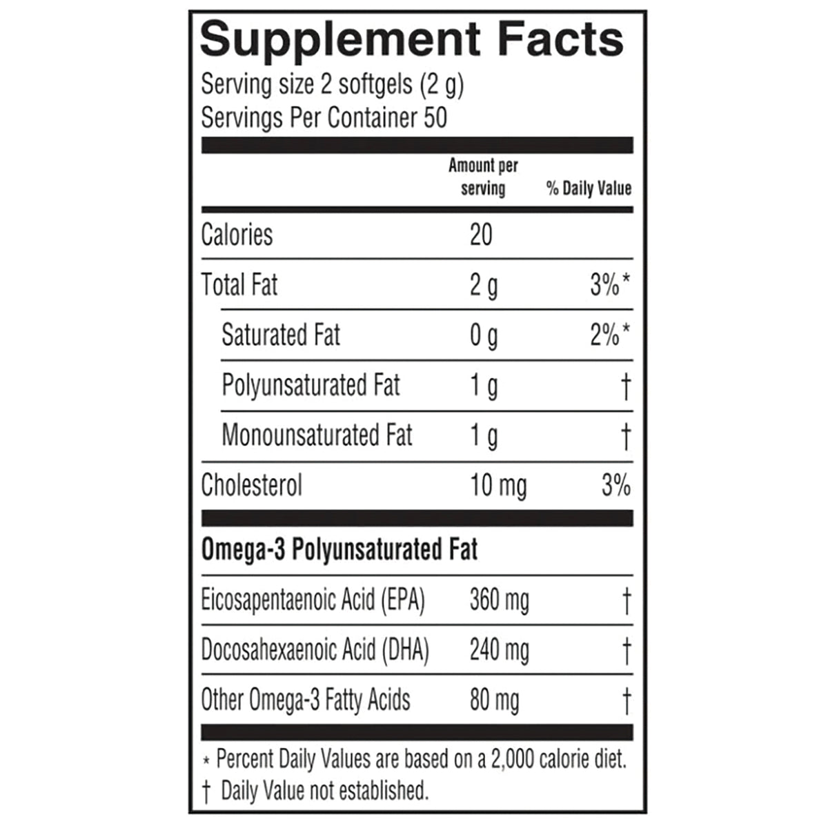 BAR015 | Supplement Facts panel showing serving size 2 softgels, 20 calories, total fat and omega-3 amounts