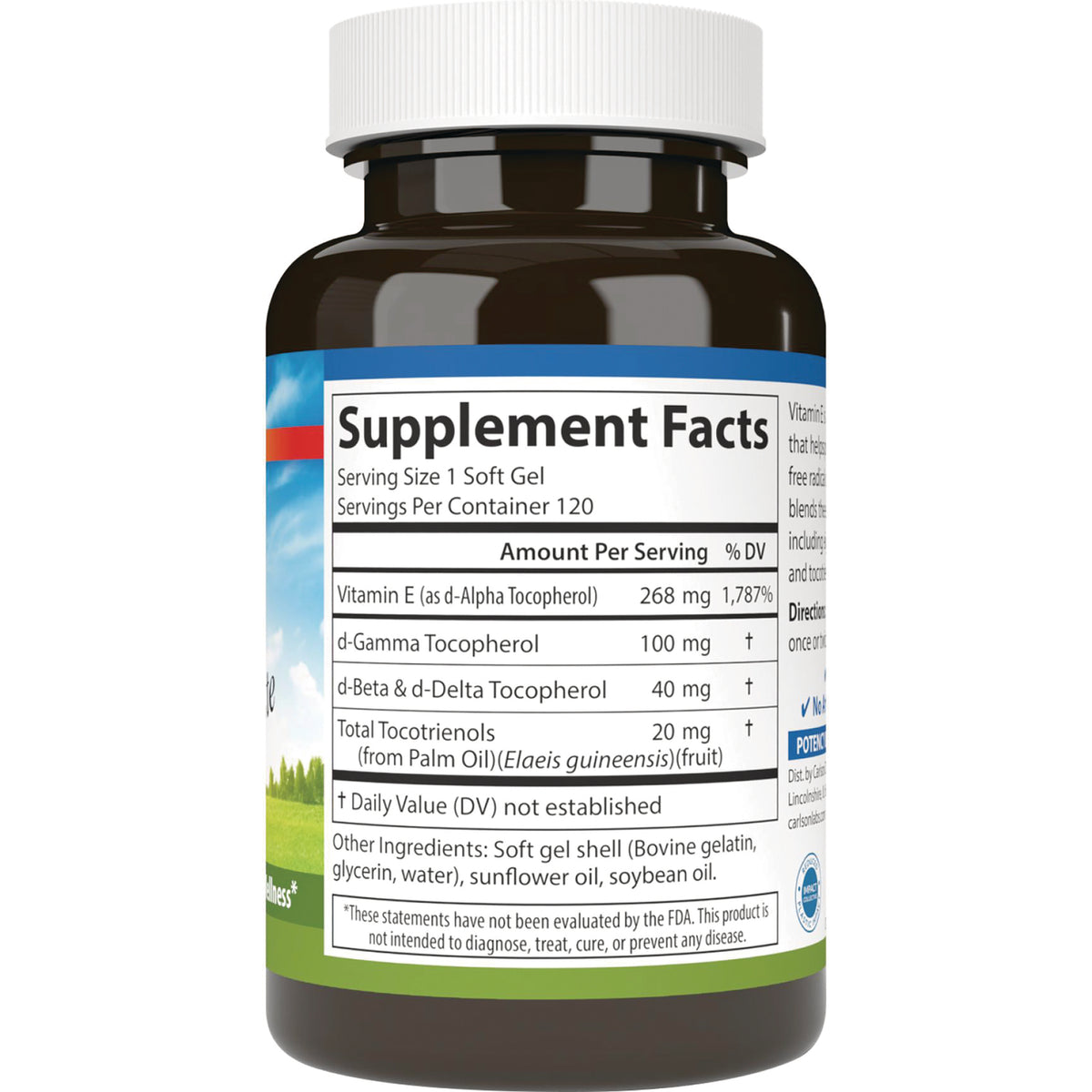 CSN002 | supplement facts label showing serving size 1 soft gel, Vitamin E amounts and other ingredients