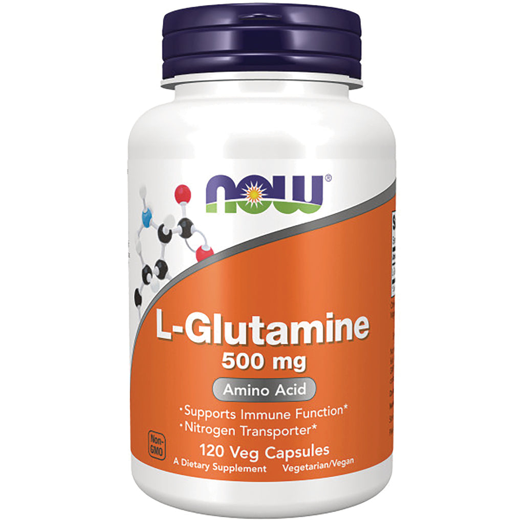 NWF225 | NOW L-Glutamine 500 mg bottle with orange label, 120 veg capsules and Amino Acid text - Thumbnail
