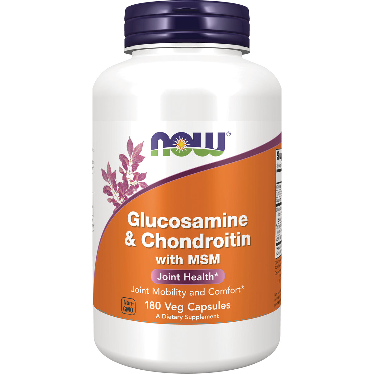 NWF130 | NOW Glucosamine & Chondroitin with MSM supplement bottle, 180 Veg Capsules, orange label