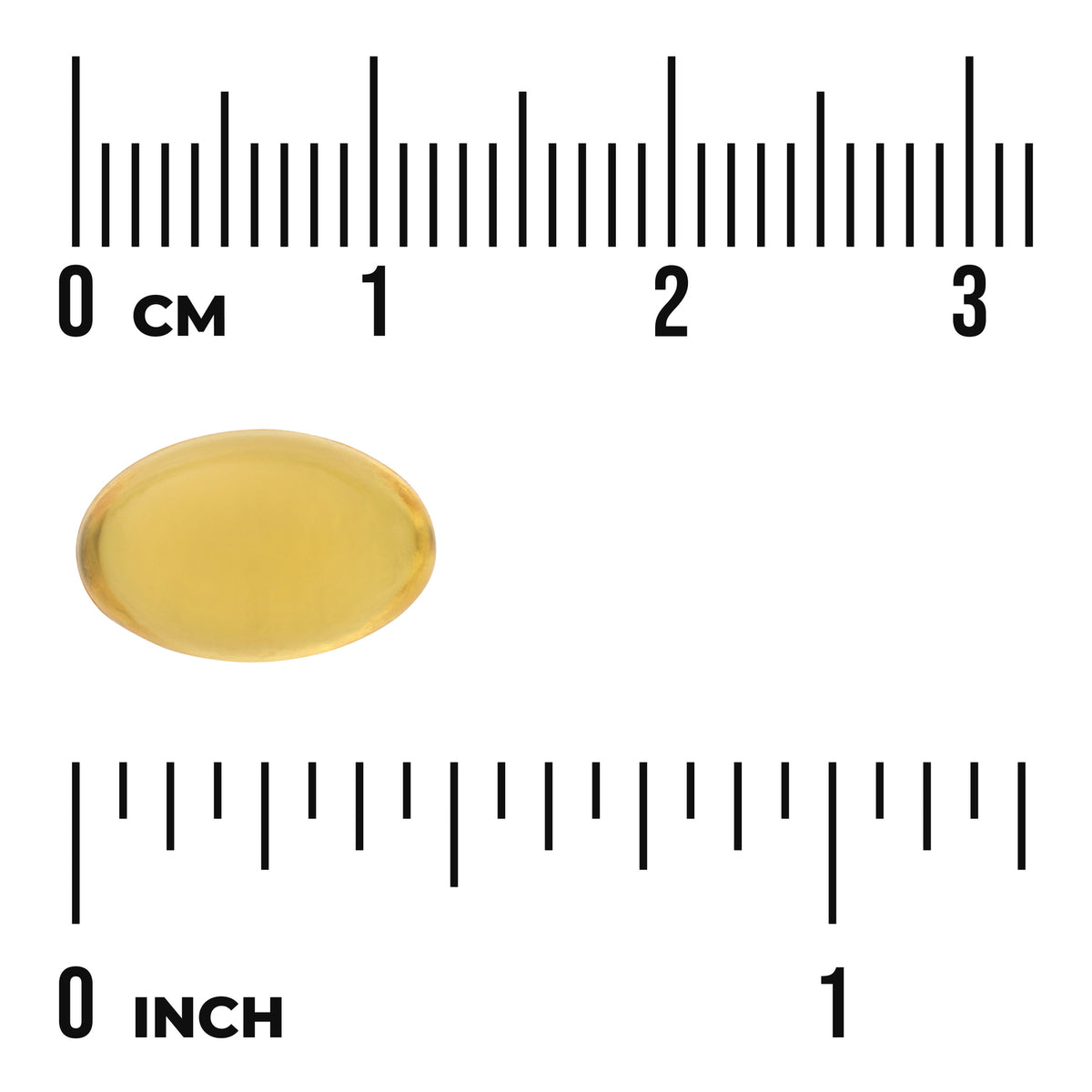 SW149 | Softgel capsule shown next to centimeter and inch rulers for size reference
