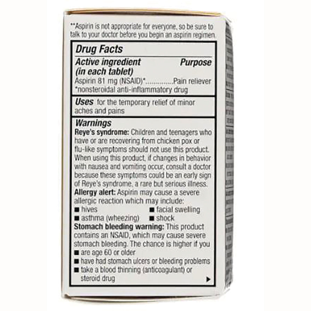 GDS015 | Back panel showing Drug Facts with Aspirin 81 mg active ingredient, uses and warnings - Thumbnail