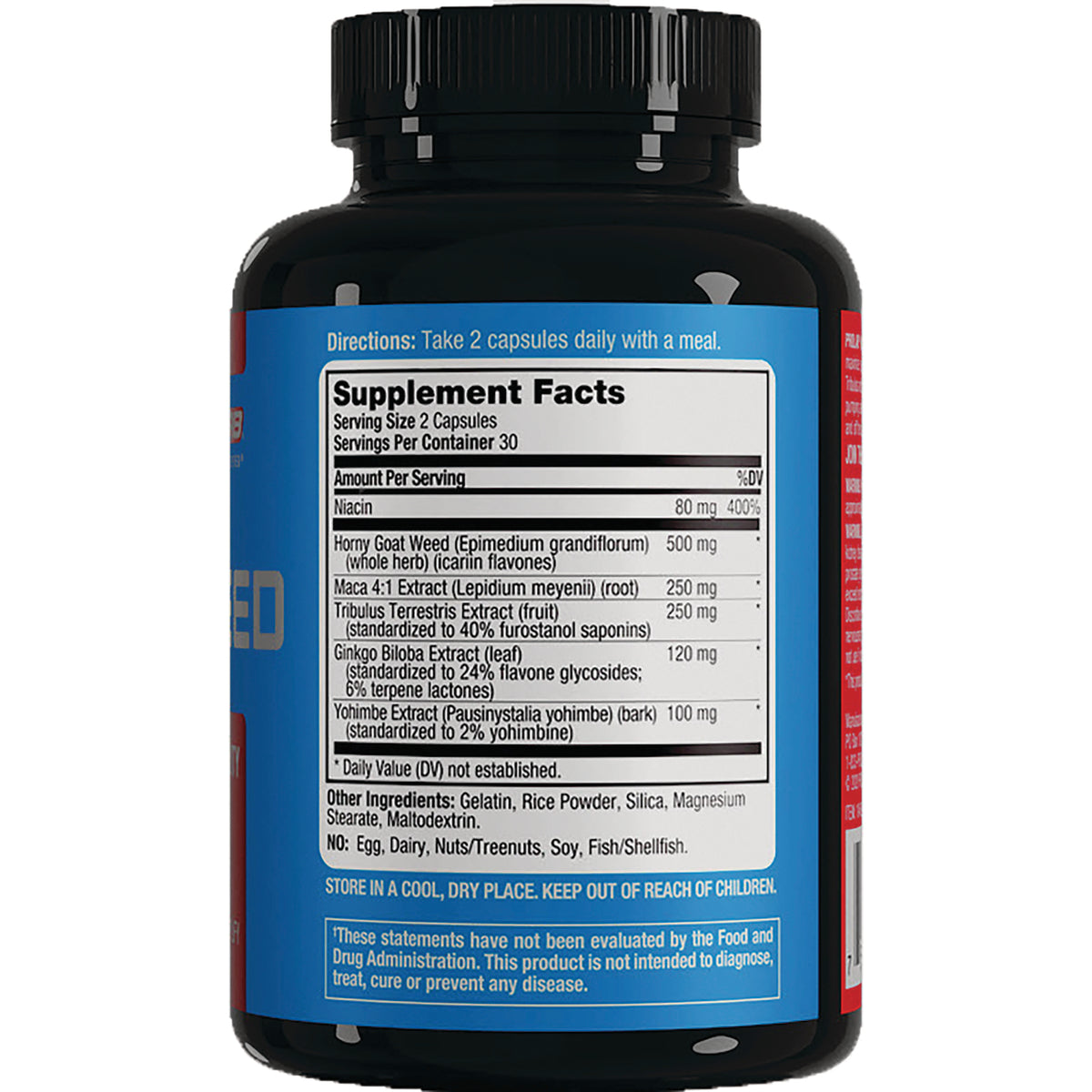 PRL035 | back of blue supplement bottle showing Supplement Facts panel with serving size, ingredients, and storage warnings