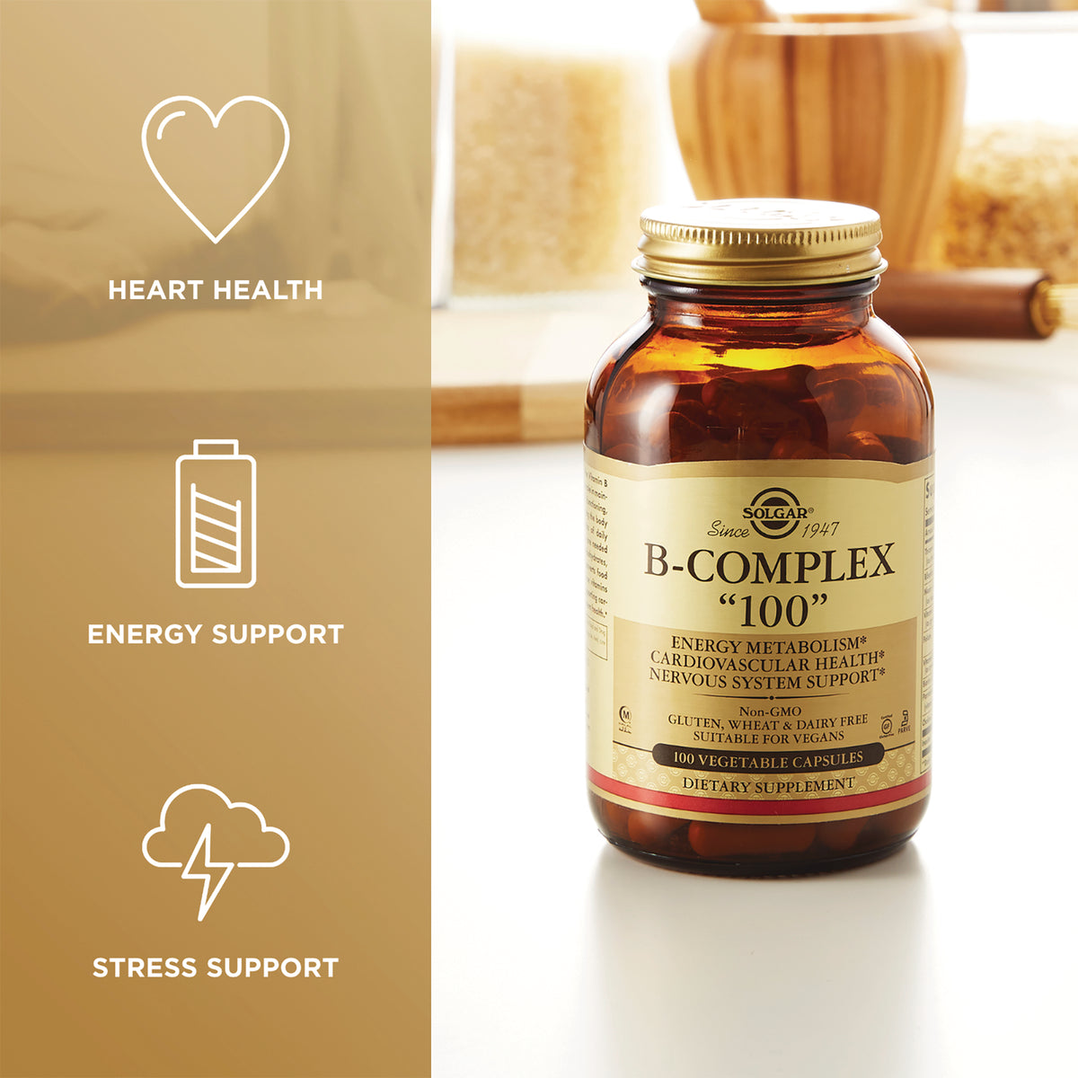 SLG210 | Solgar B-Complex 100 bottle with label B-COMPLEX 100 and left panel icons for heart health, energy support, stress support