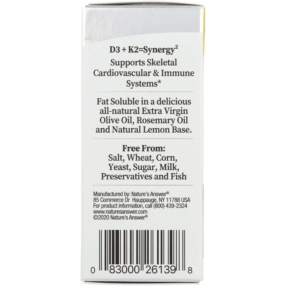 NAT407 | product infographic panel stating D3 + K2 synergy, olive oil base, lists free from salt wheat corn yeast sugar milk preservatives and fish, barcode