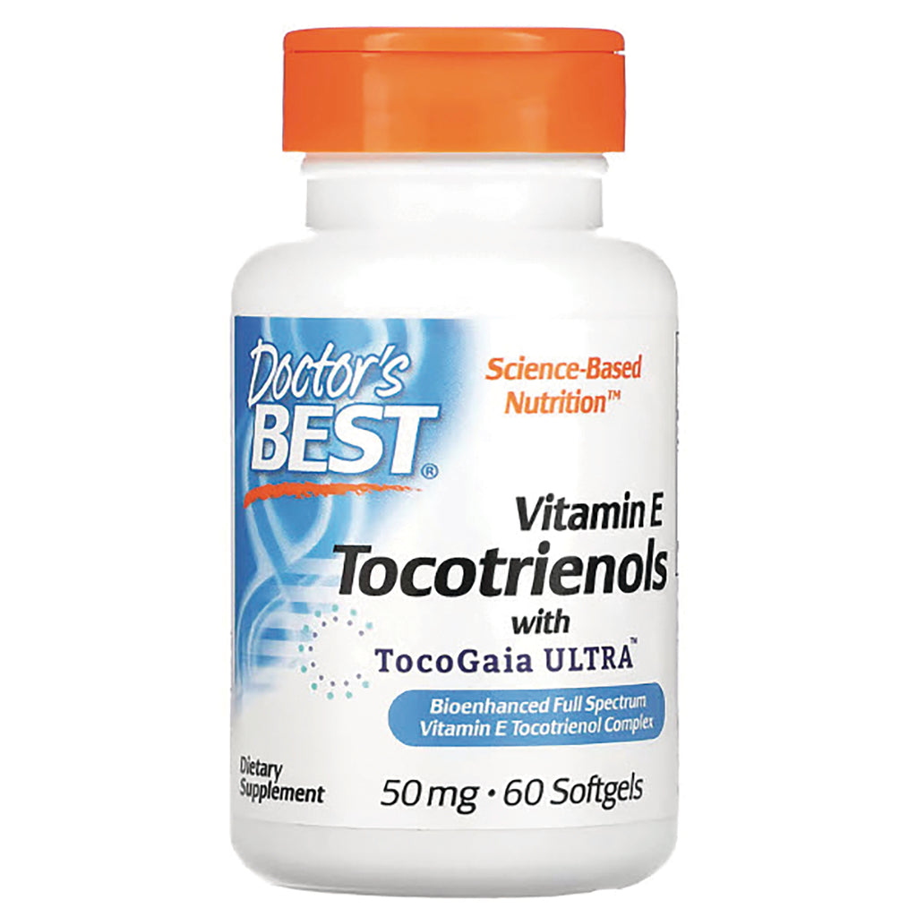 Doctor's Best Vitamin E Tocotrienols white bottle with orange cap, 50 mg, 60 softgels label - Thumbnail