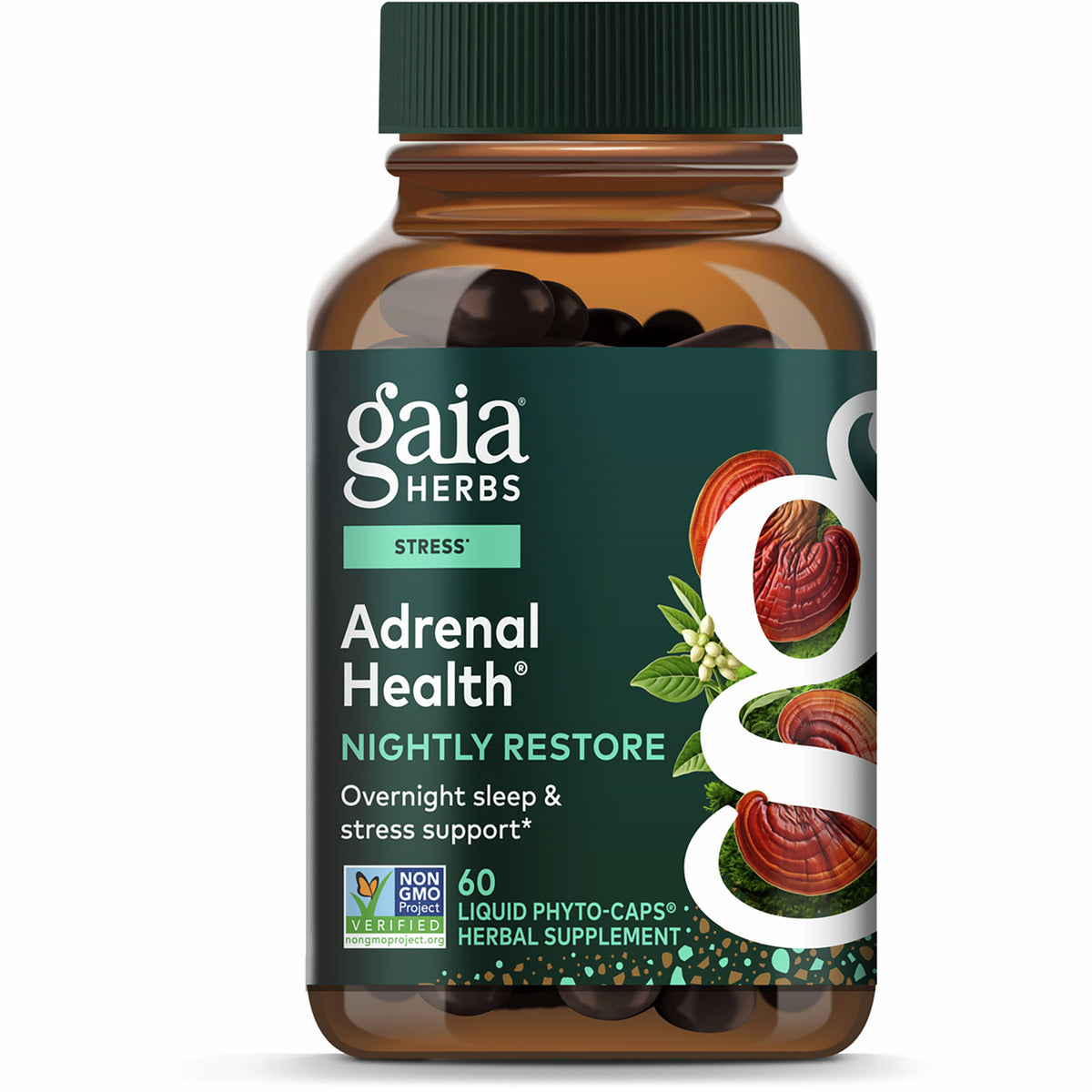 GH155 | Gaia Herbs Adrenal Health Nightly Restore box and bottle, 60 vegan liquid phyto-caps