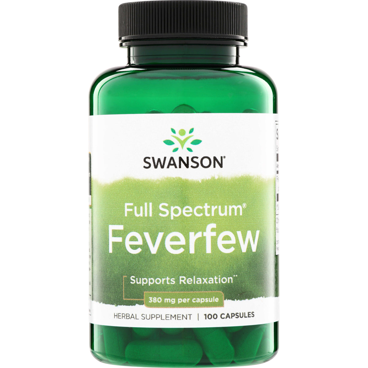 SW1700 | Swanson Full Spectrum Feverfew supplement bottle, Supports Relaxation, 380 mg per capsule, 100 capsules