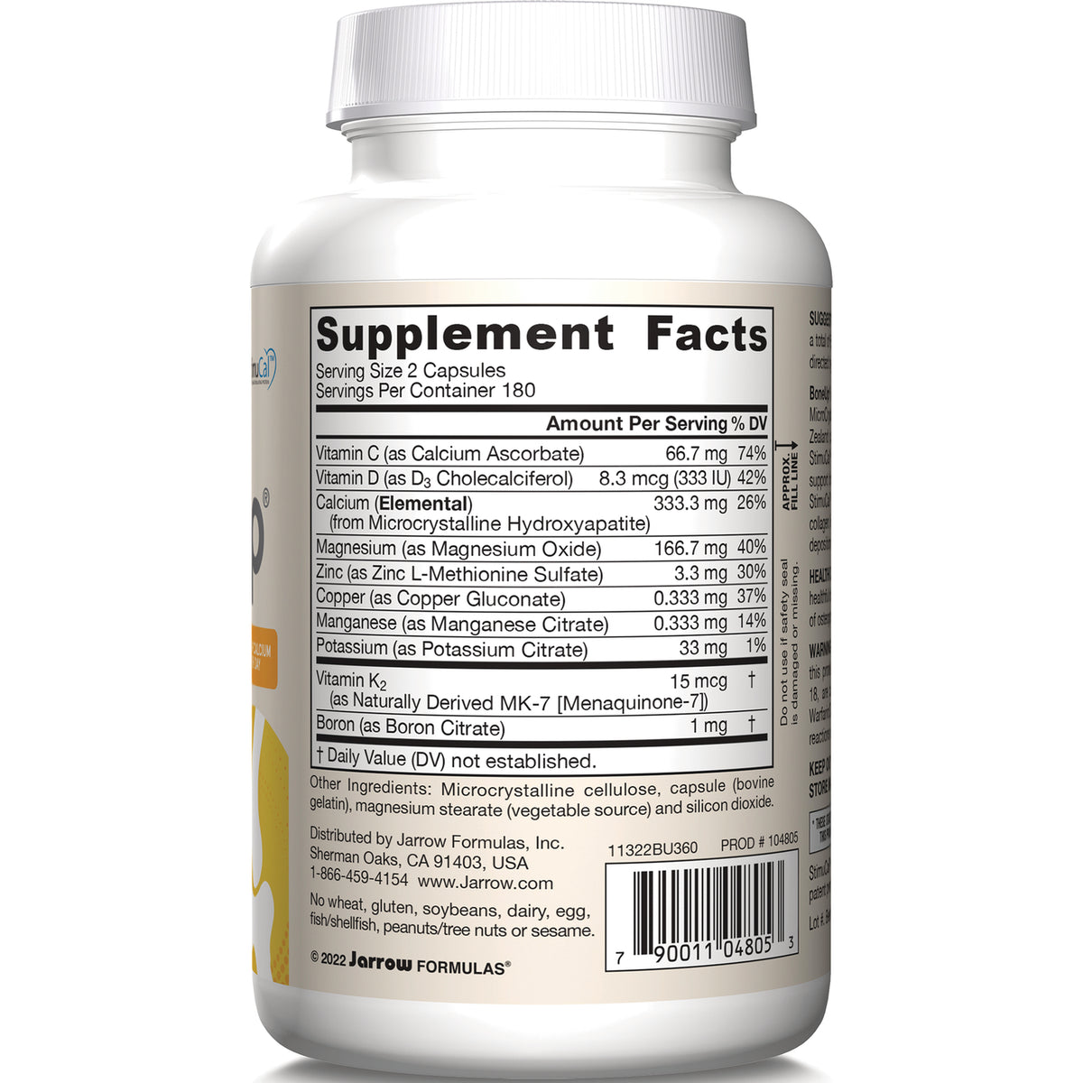 JR291 | back label showing Supplement Facts panel, ingredient list and barcode on white supplement bottle