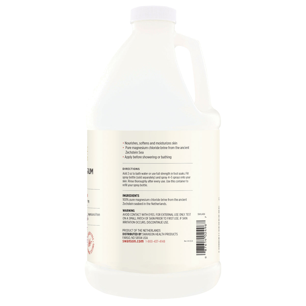 SWU496 | Ingredients, directions, and warning text for magnesium chloride brine spray
