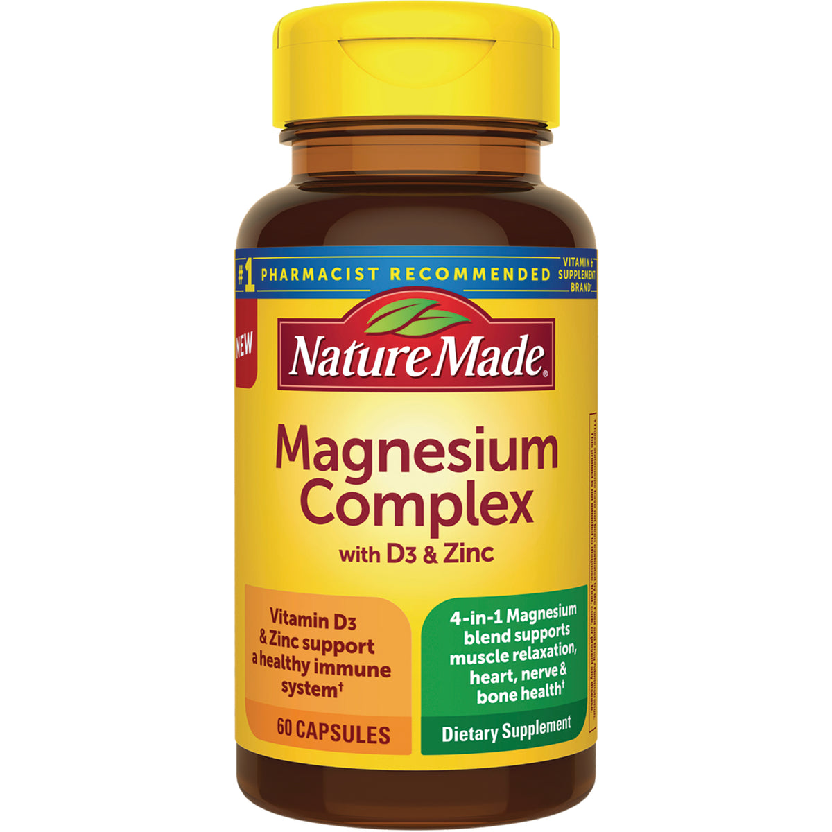 NTM153 | Nature Made Magnesium Complex with D3 & Zinc bottle front, 60 capsules dietary supplement