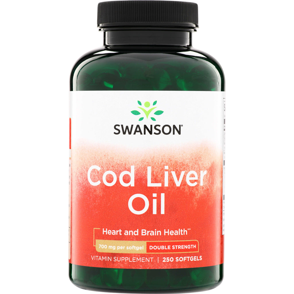 SW1763 | Swanson Cod Liver Oil bottle, Double Strength 700 mg per softgel, 250 softgels, Heart and Brain Health - Thumbnail